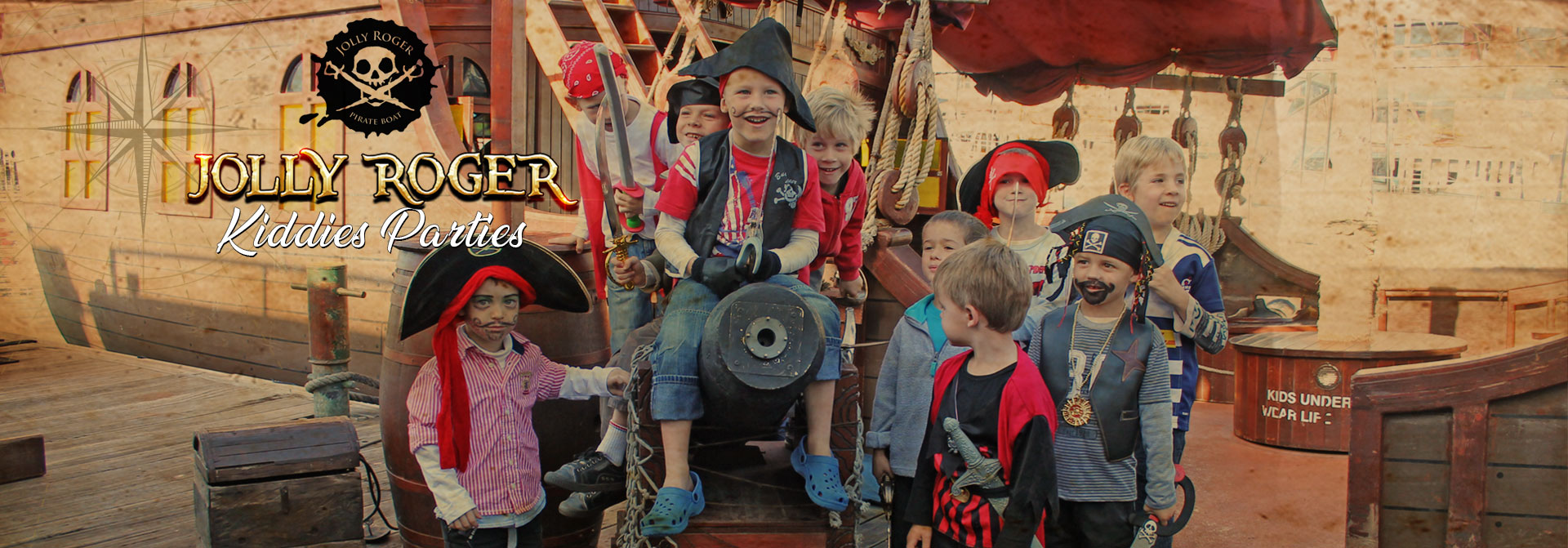 Jolly Roger Pirate Boat Kiddies parties banner image