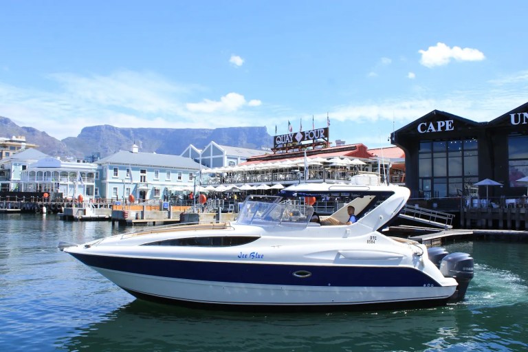 Side view of the Ice Blue motor yacht beside Quay Four at the V&A Waterfront.