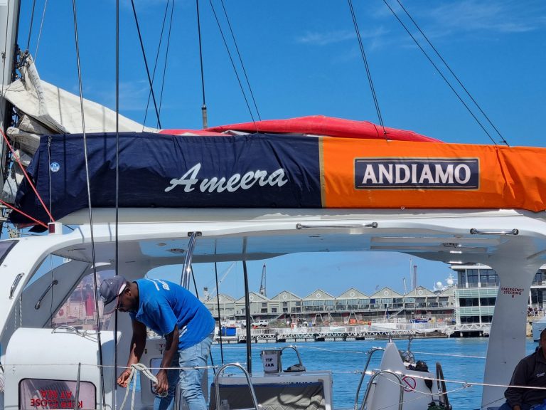 Person on a boat with 'Ameera' and 'Andiamo' text on canopy, marina in background.