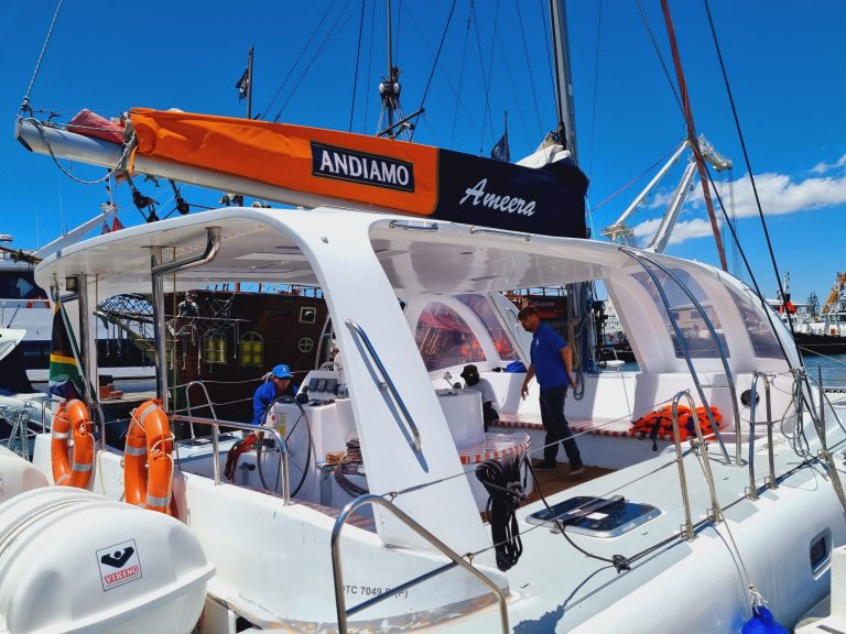 A catamaran named Andiamo docked at a marina, with a crew member onboard.