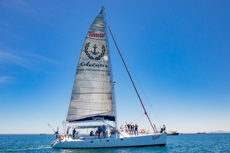 White sailboat on blue sea with people aboard and a clear sky.