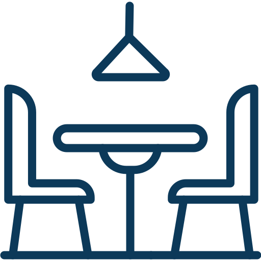 Line drawing of a dining table with two chairs and a pendant light.
