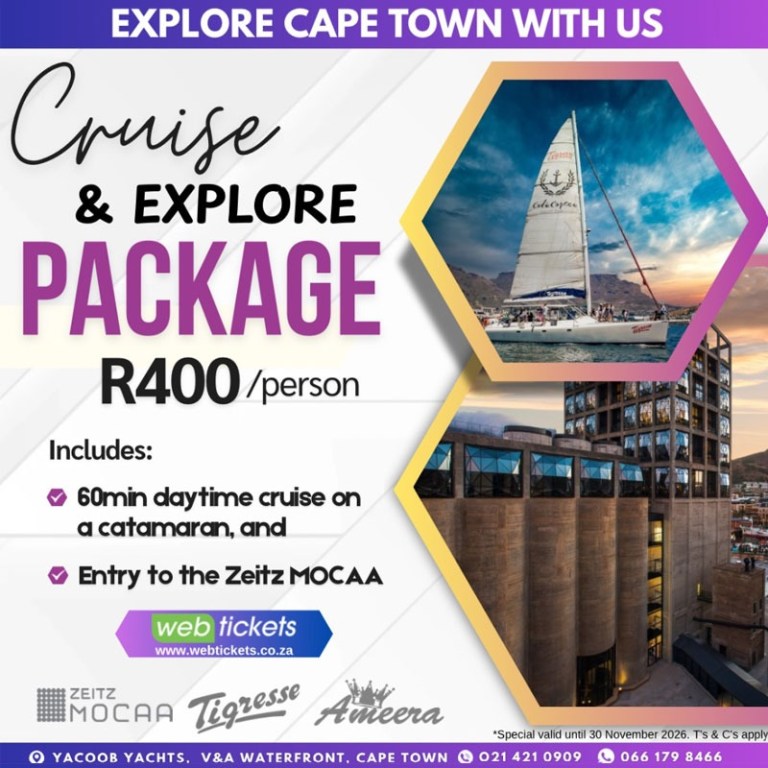 Flyer promoting a Cape Town cruise package for R400, including catamaran tour and museum entry.