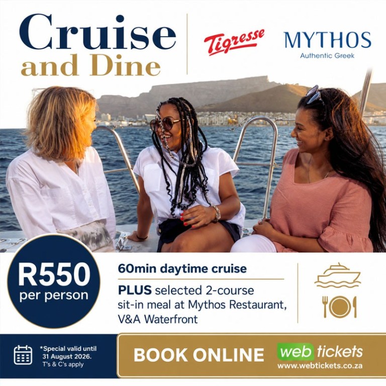 Three women smiling on a boat with text promoting a cruise and meal package.