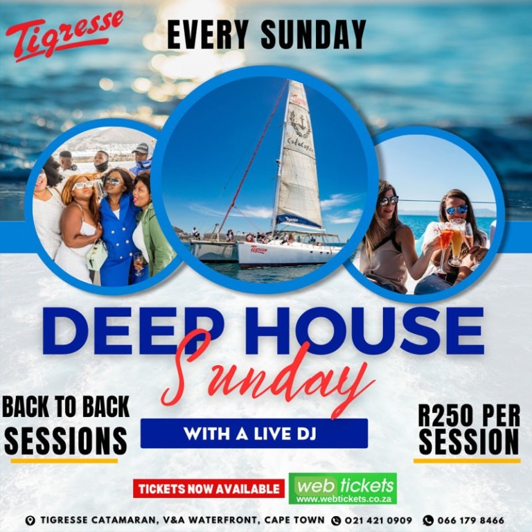 Event poster for deep house Sundays with DJ, featuring people on a catamaran and contact details.