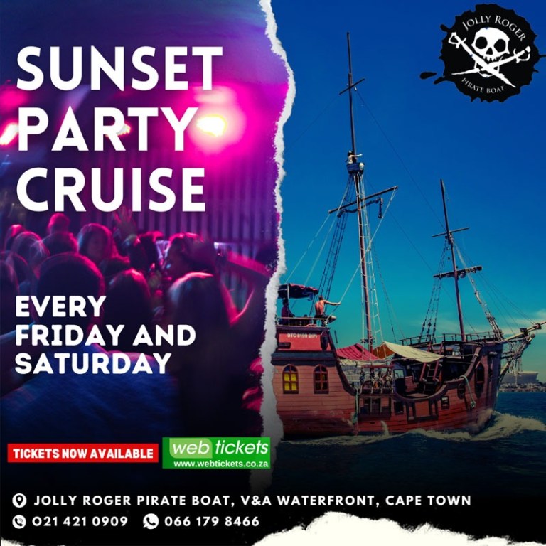 Sunset Party Cruise ad with a pirate ship, pink stage lights, and event details.