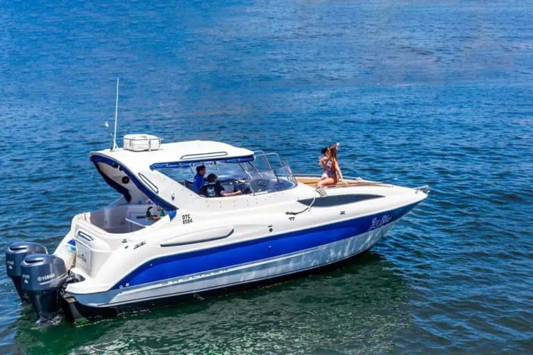 White and blue motorboat on water with people onboard.