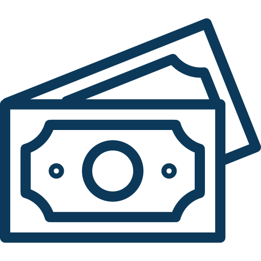 Icon of stacked paper money in blue outline.