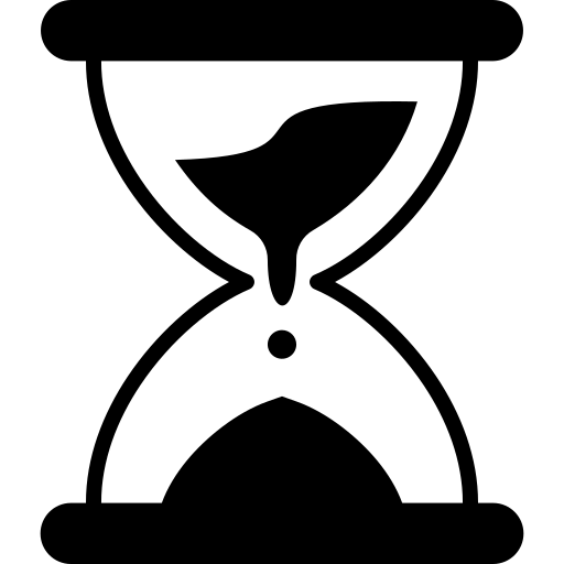 Black hourglass icon with sand flowing from top to bottom.
